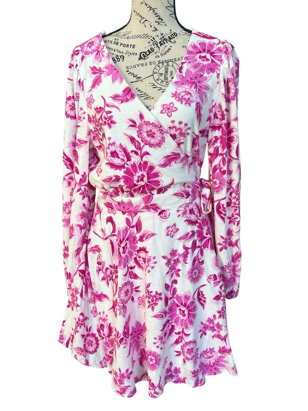 Women's Pink Floral Wrap Dress with Long Sleeves